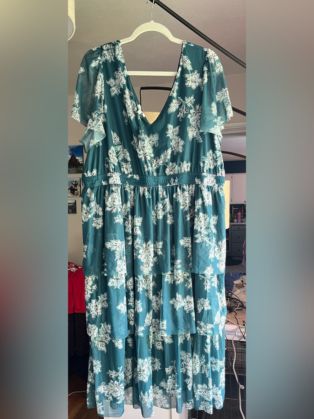 Maurices Teal Floral Tiered V‑Neck Dress